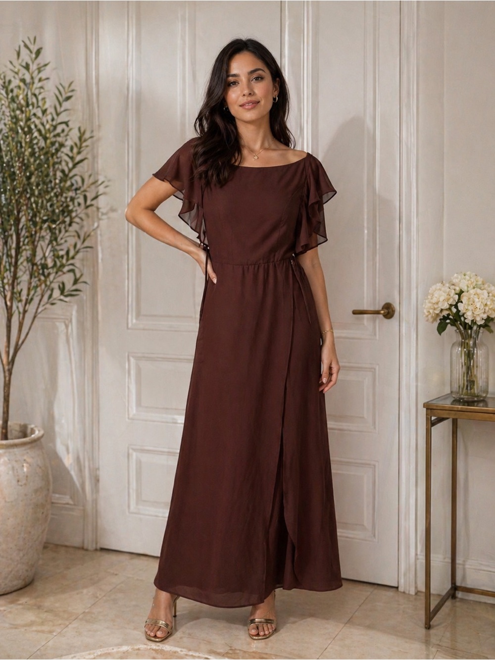Flowing Chocolate Brown Maxi Dress with Flutter Sleeves
